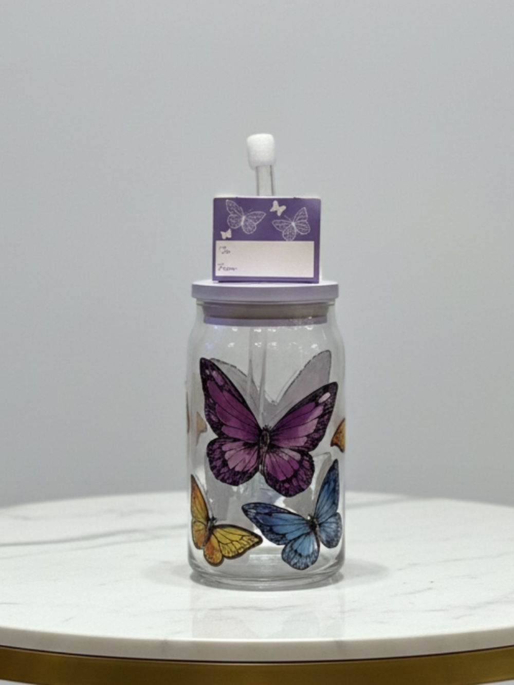Purple Butterfly Glass Jar Straw Tumbler - Home Art